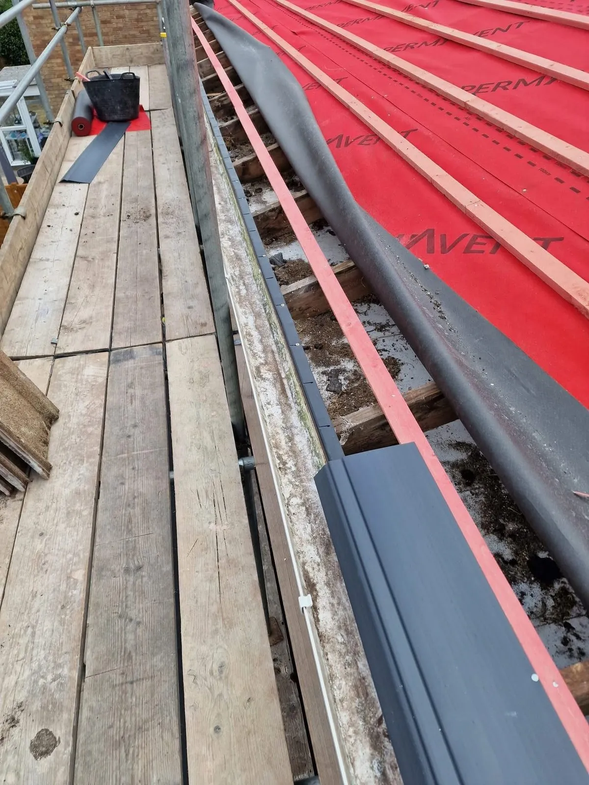 Breathable membrane and battens fitted during a re-roof in Looe